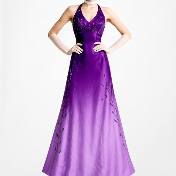 Vintage Purple Gradient Ombre Floral Beaded Satin Bodycon Maxi Dress Size M/L - Picture 2 of 11